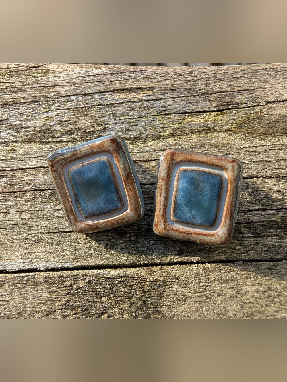 Vintage MCM Rustic Square Blue Brown Ceramic Earrings Brass Clip-ons Boho Artist
